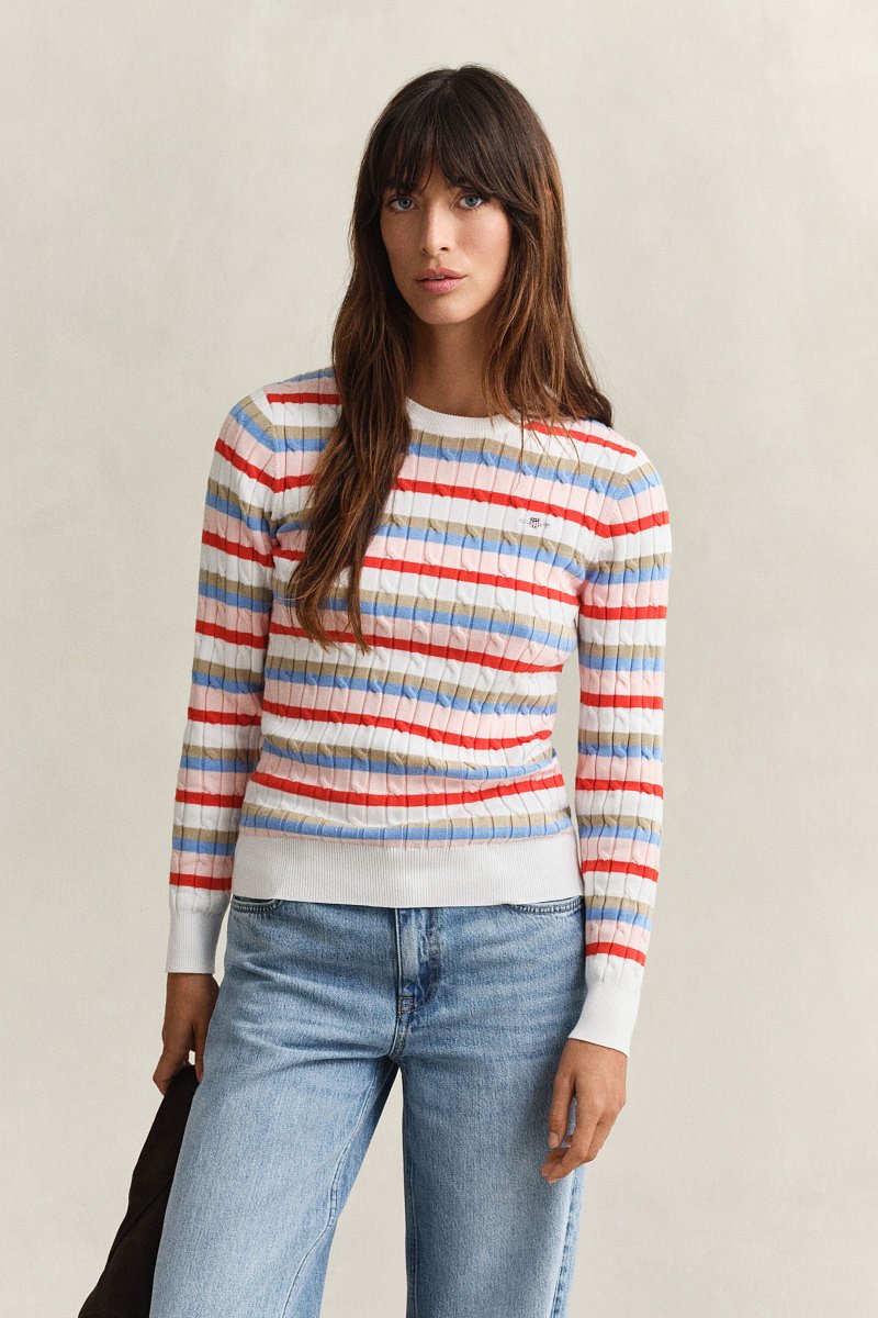 SVETR GANT STRETCH COTTON CABLE STRIPE C-NECK MULTICOLOR