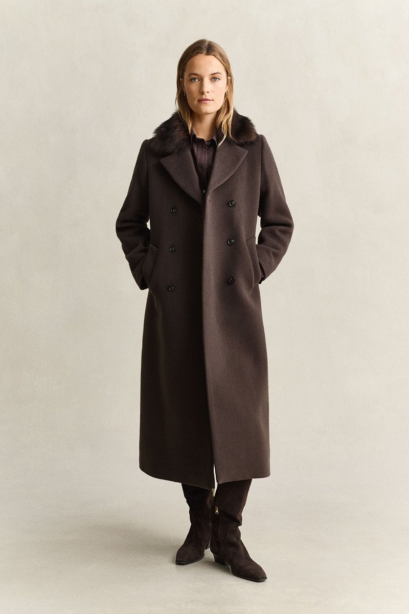 KABÁT GANT SHEARLING COLLAR WOOL BLEND COAT DEEP BROWN