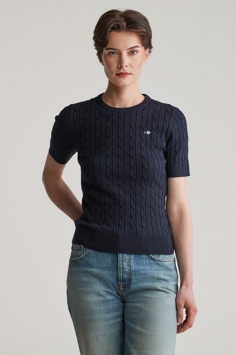 SVETR GANT STRETCH COTTON CABLE SS C-NECK EVENING BLUE
