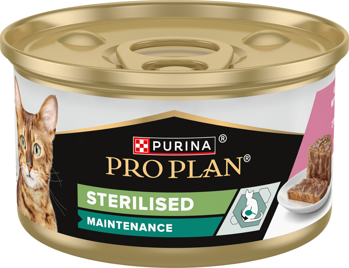 Konzerva Pro Plan Cat Sterilised terina s tuňákem a lososem 85 g